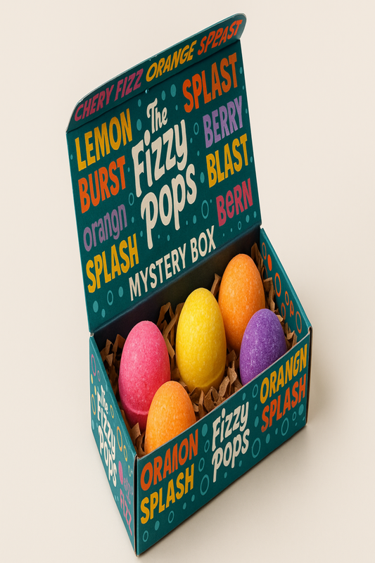 Give me a mystery box with my logo as pattern and flavours name as pattern on a box size 5.5*3.5 and 1.5 volume opened and bath bomb type mocktail bomb in it